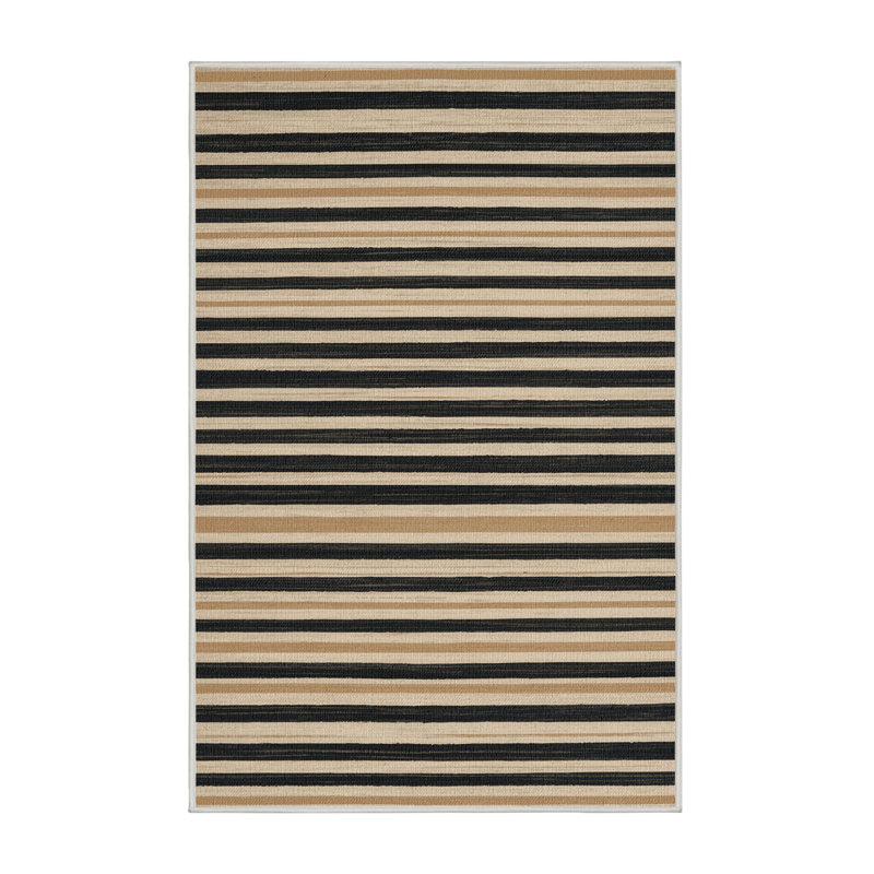 Washable Light Beige Charcoal Striped Area Rug, Rectangle 4' x 6'