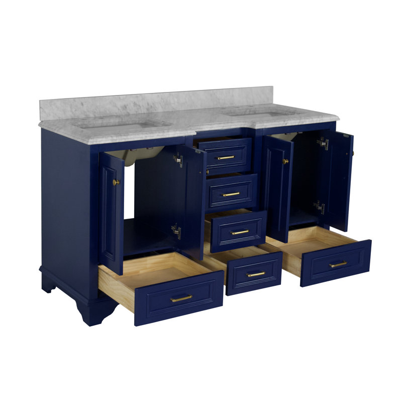 Ensemble de meuble-lavabo double 60 po Loughlam, Marbre de Carrare, Bleu royal
