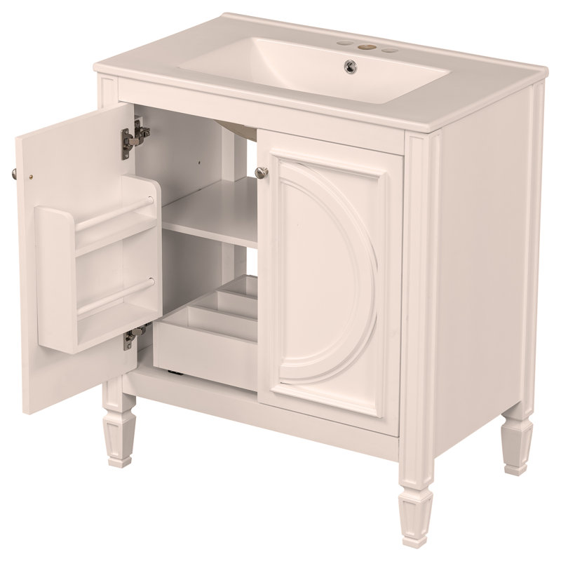 Meuble-lavabo de 30 po avec lavabo, deux portes avec tablette, charnières de porte à fermeture en douceur, style rétro, Blanc