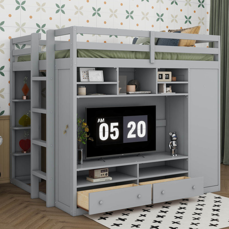Full Size Loft Bed With LED Lights, Solid Wood Loft Beds With Drawers, Shelves, Loft Tall Bed With TV Cabinet And Wardrobe