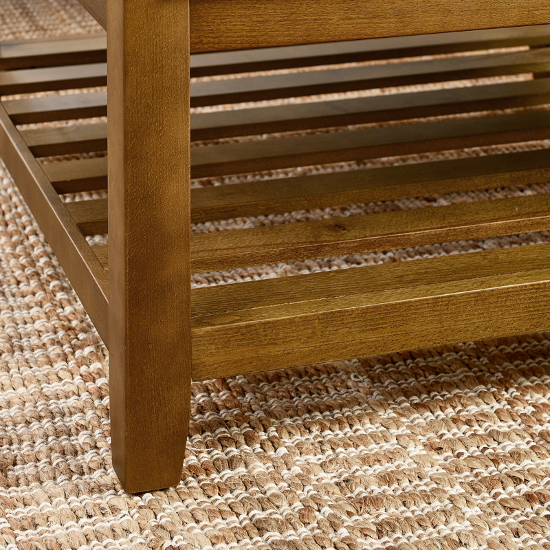 Upholstered coffee table ottoman | tufted linen | beech wood shelf & frame | large square footrest | ivory | versatile