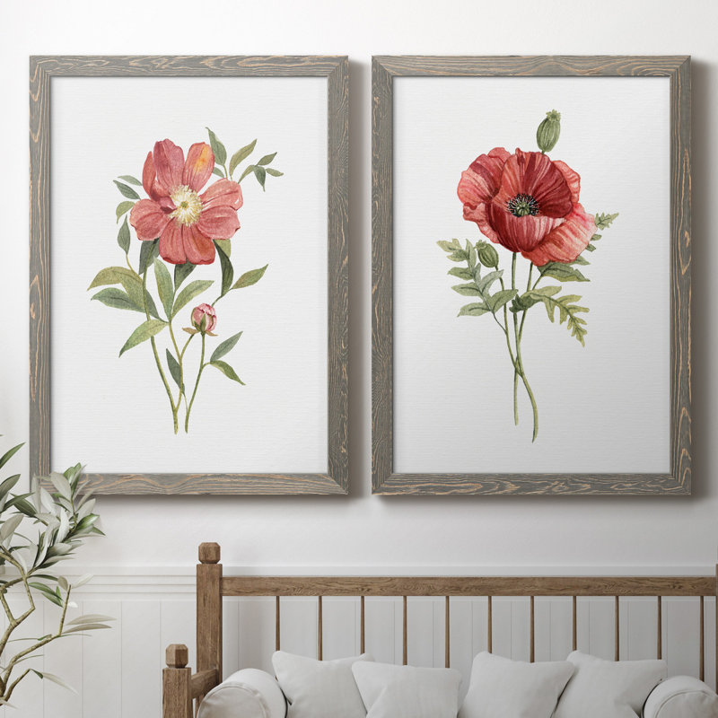 Pivoine écarlate - ensemble de 2 reproductions d'art, H 37,5 po x l 55 po x P 1,5 po, Toile avec cadre gris, Pas de tapis