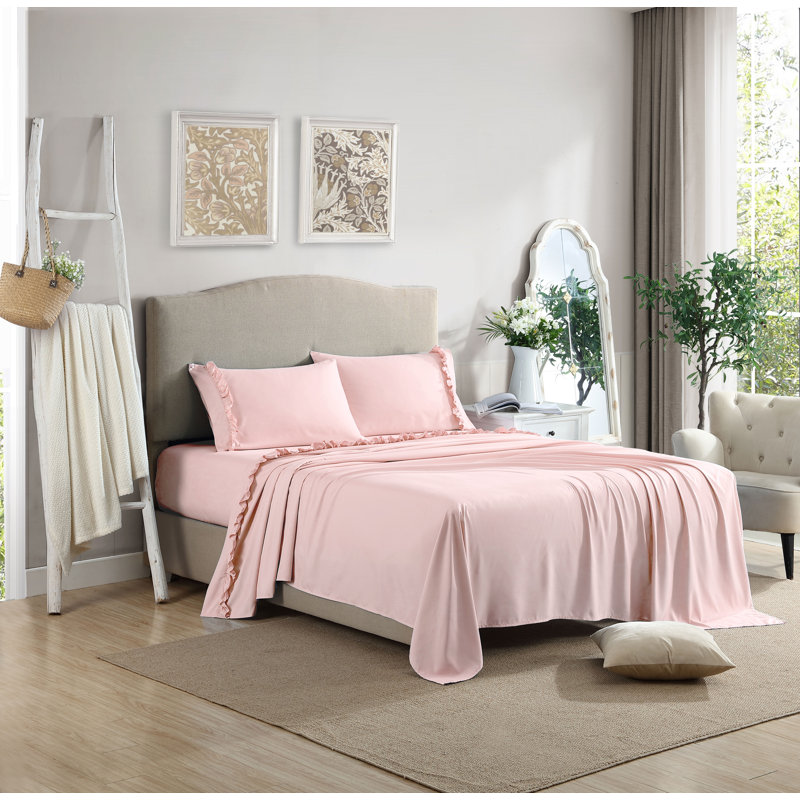 Blush Pink Ruffled Hem Microfiber Full Sheet Set