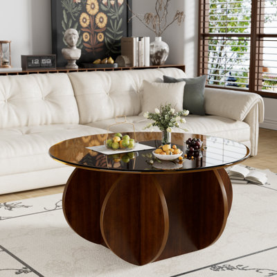 Round Glass Coffee Table For Living Room, Mid Century Modern Centre Table With Tempered Glass Top, Small Circle Coffee Tables For Home, Office