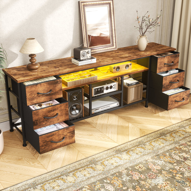 TV Stand Dresser with LED Lights & Charging Station, 6 Fabric Drawers Storage Entertainment Center for Bedroom, Brown