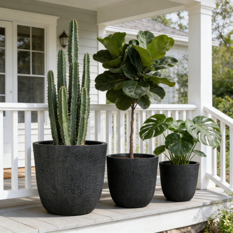 Set Of 3 Lightweight MGO Outdoor Planters With Drainage Holes, Crackle Stone Texture, Stackable All-Weather Flower Pots (Large/Medium/Small)