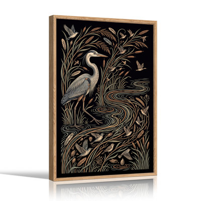 Grey Heron and Birds in Marsh with Cattails on Black Canvas Wall Art