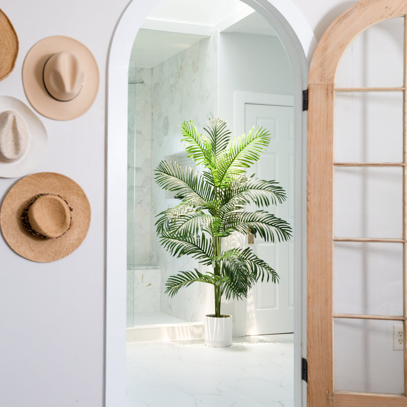 Tall Green Faux Palm Tree in White Plastic Planter