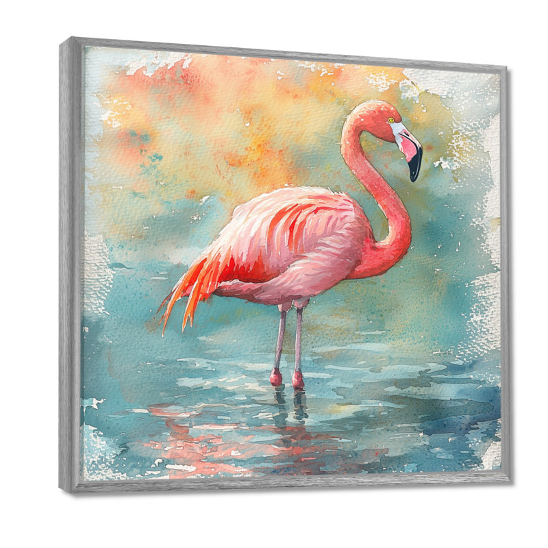 Chynthia Flamingo Grace - oiseau, art mural, Impression encadrée flottante, Argent argent, H 16 po x l 16 po