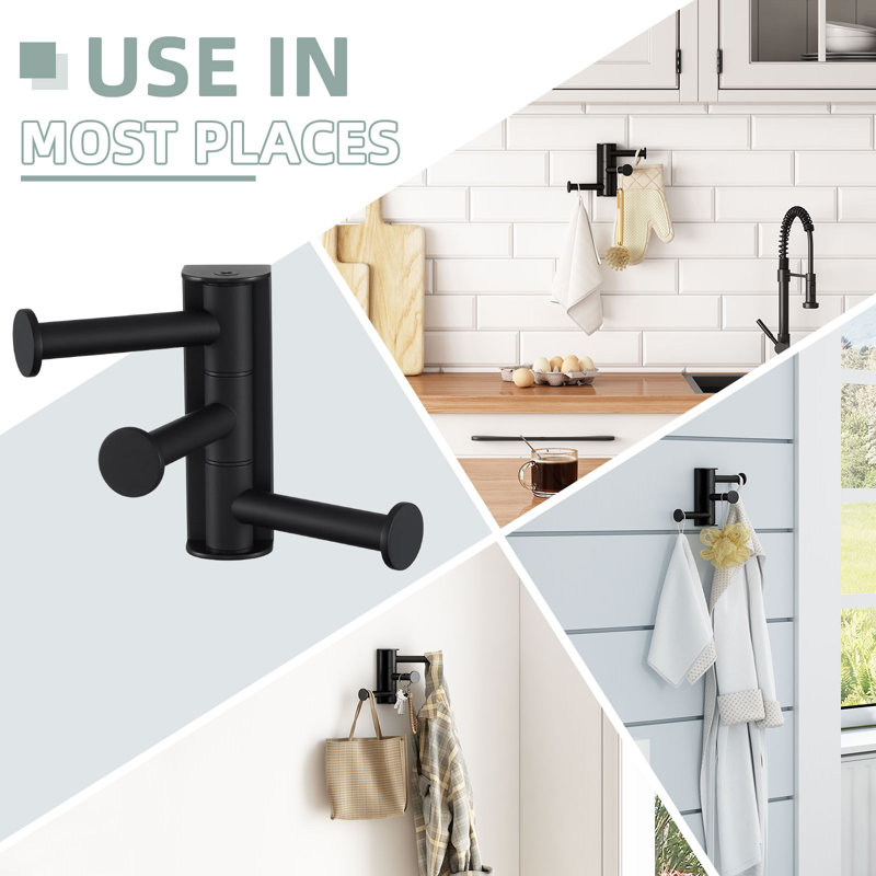 Wall Mounted Bathroom Swivel Robe Hook, Matte Black