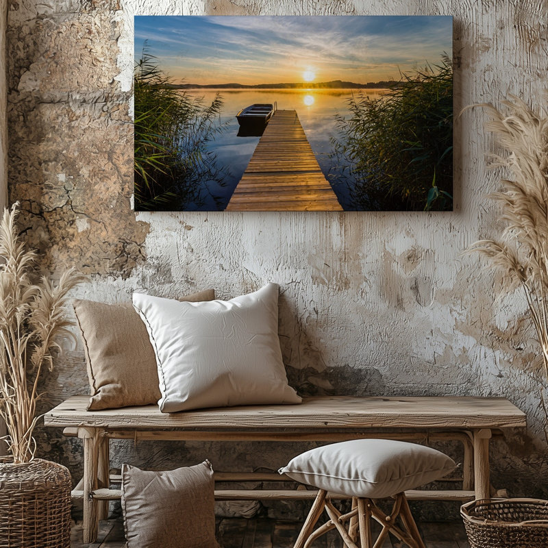 Toile, art serein au bord du lac au coucher du soleil avec un quai en bois qui s'étend sur un lac calme, H 30 po x l 30 po