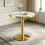 Plateau de table rond en bois aggloméré de 23,6 po avec revêtement en peinture UV, texture de marbre Whiye, bordure en acier inoxydable doré, pieds de table en métal, table basse moderne et luxueuse.