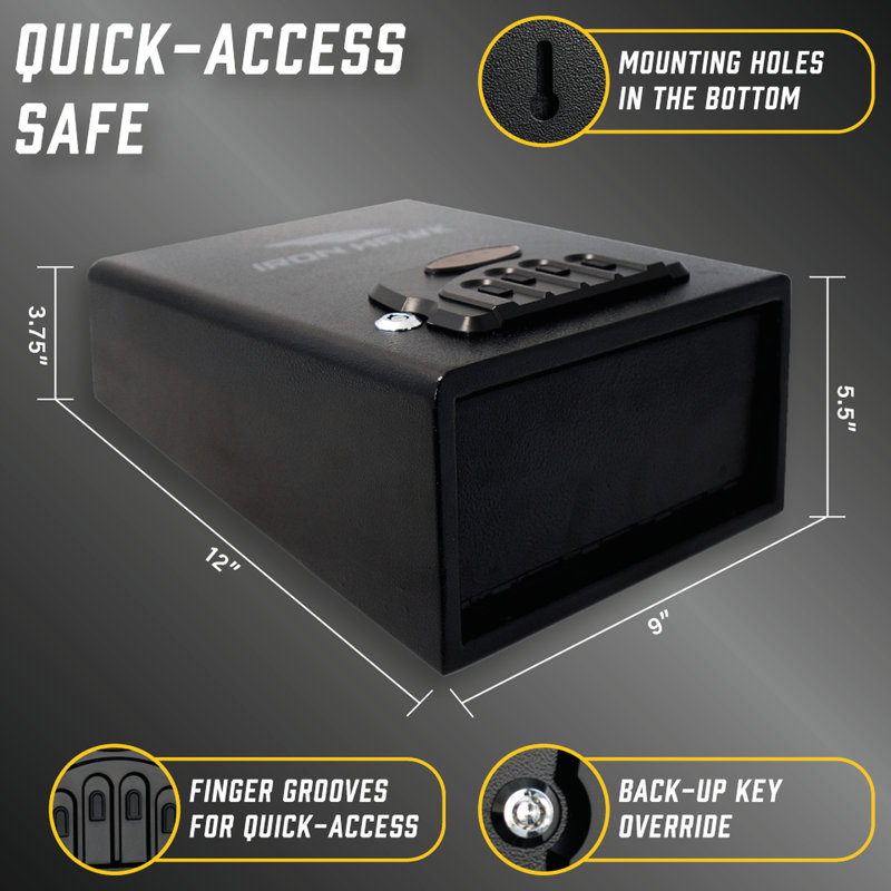 Petit coffre à accès rapide en acier noir mat, 11,98 po Profondeur, 8,88 largeur, 5,62 hauteur, acier 7,36 lb pour les