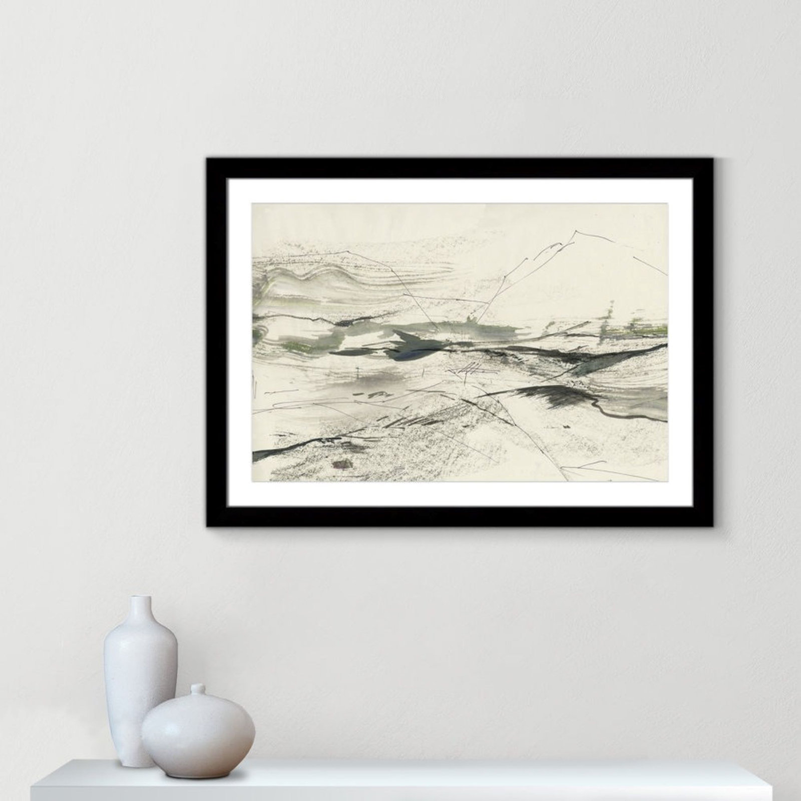 Green Sketches Print by PI Studio, 27" H x 37" W x 1.25" D, Black Cube Picture Framed, White