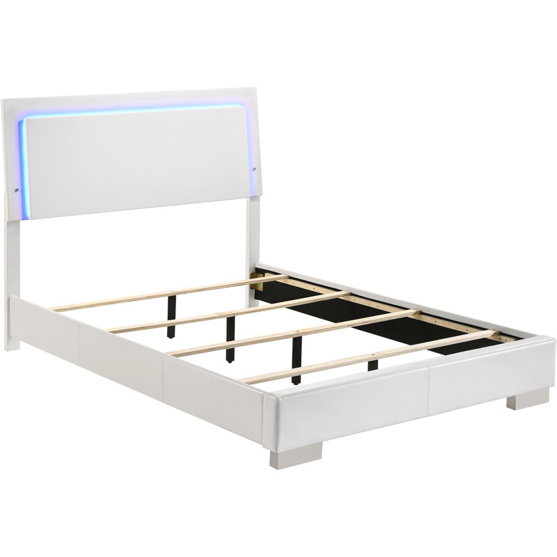 White High Gloss Led Panel Full Bed With Slat Support And Four Legs For Bedroom Style Detailing Modern Ambiance, Full