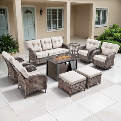 Agnes 9 Piece Outdoor Rattan Patio T-Back Cushions Conversation Furniture Set With Fire Pit Table by Lark Manor
