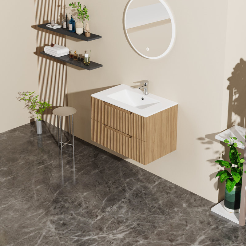 Meuble-lavabo de 30 po avec ensemble de lavabo mural, finition noyer, tiroirs à fermeture en douceur, rangement pour fournitures flottantes, montées, couleur, tiroir, rangement de serviettes spacieux, design Mid-Century