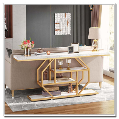 Modern Four-Tier Console Table with Gold Geometric Metalwork Storage