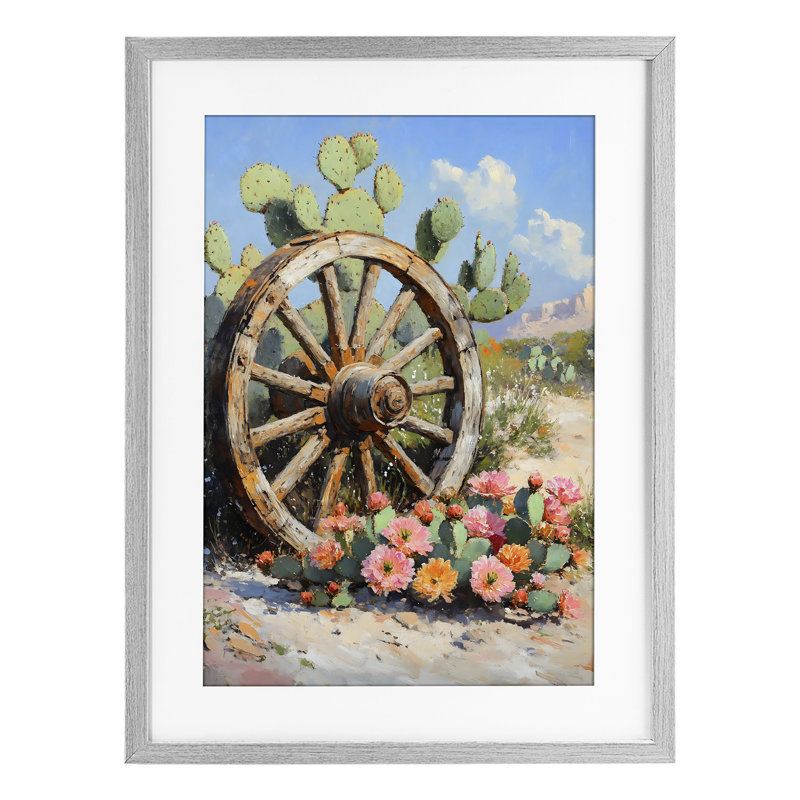 «Wagon Wheel Parmi Cactus», reproduction encadrée sous verre, conception de Franklyn Gregory, 20 x 14