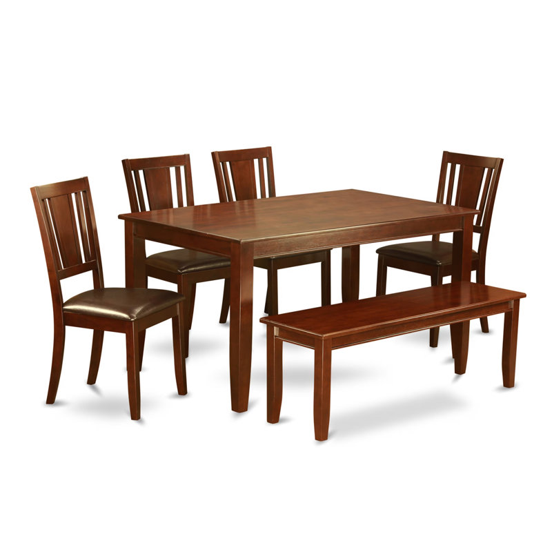 Sisneros Solid Wood Dining Set, Faux Leather, 6 Pieces: Table, Bench, 4 Chairs	