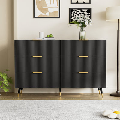 120cm Fluted Sideboard 6 Drawers Storage Cabinet Gold Handles Metal Legs Buffet Cupboard Living Bedroom Unit, Black & Gold