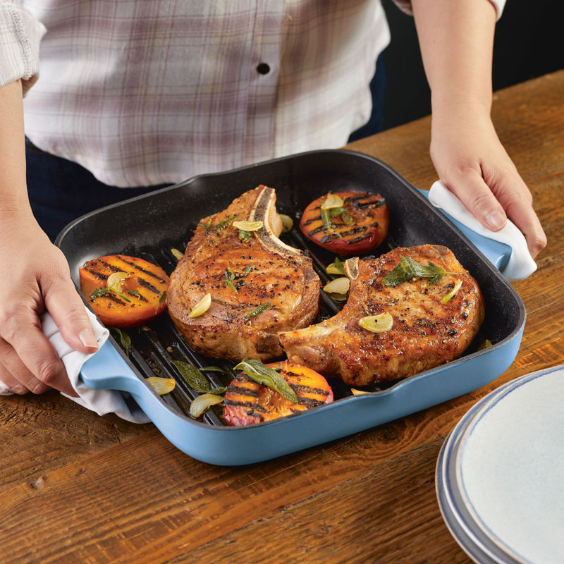 KitchenAid Enameled Cast Iron Square Grill and Roasting Pan, Blue