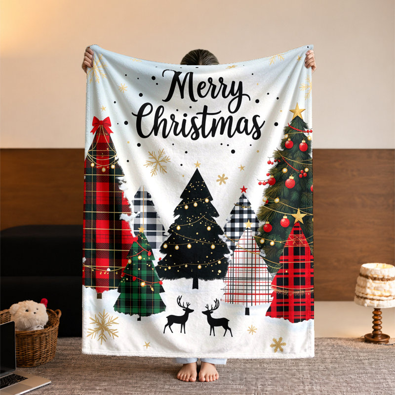 Plaid de Noël en flanelle avec imprimé Joyeux Noël, sapins à carreaux, rennes et flocons de neige, 60 x 80 po