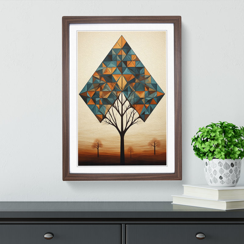 Tree Geometric No.2 - Single Picture Frame Print on Wood, 46cm H x 34cm W x 2cm D, Walnut