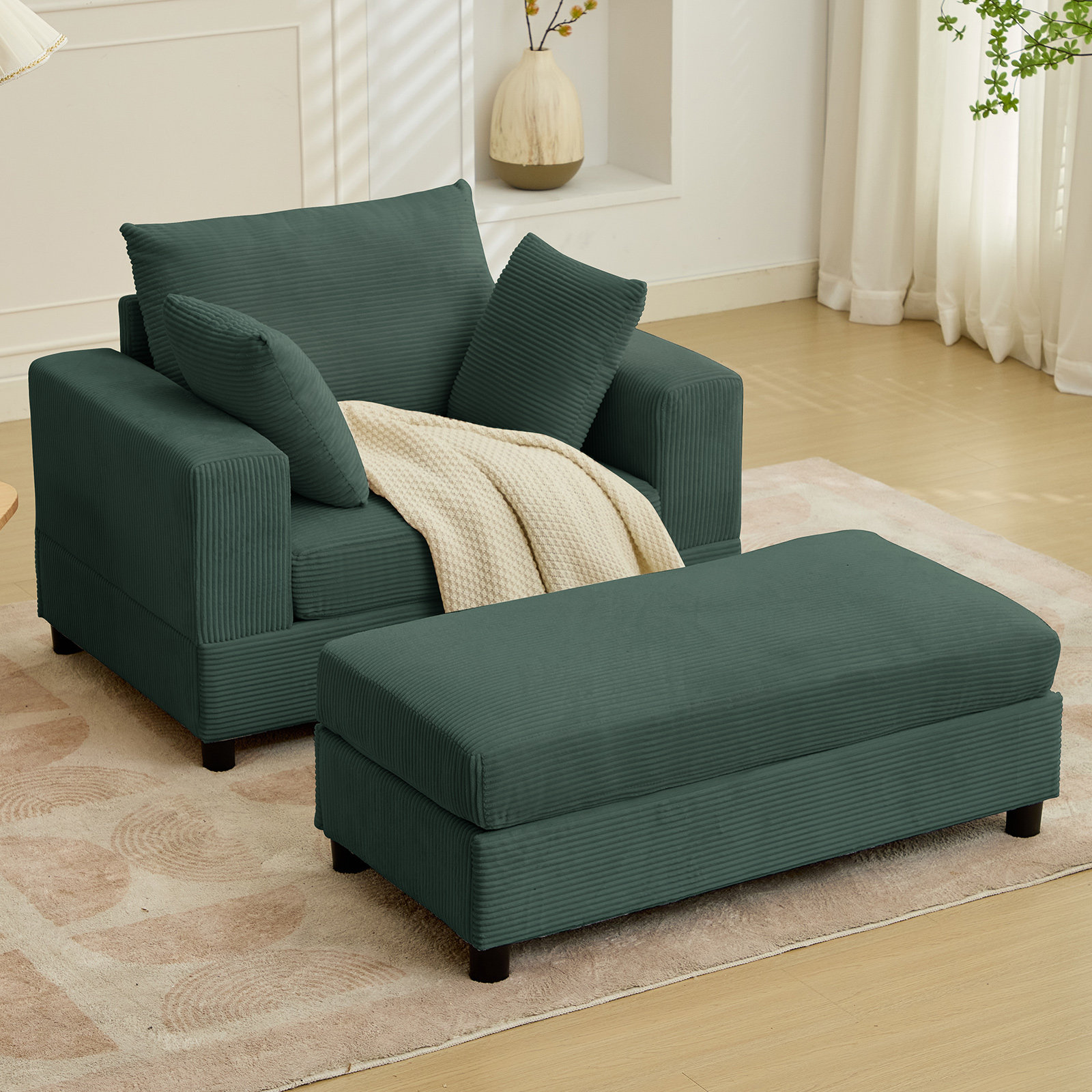 Ebern Designs Chaise Lounge Chair Indoor With Ottoman, Oversized Corduroy  Single Sofa Chair With Pillows, Comfy Deap Sleeper Seat For Living Room 