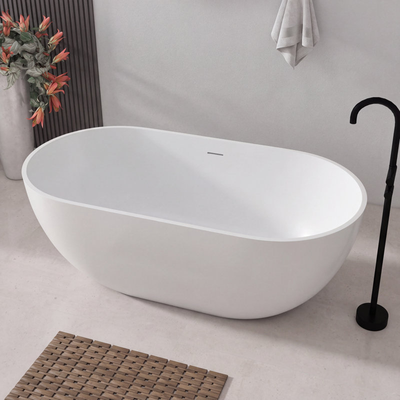 Baignoire de trempage autoportante en résine de 59 po avec trop-plein 59 po, Blanc mat