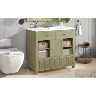 Meuble-lavabo vert spacieux avec lavabo, bois massif et bois aggloméré, charme rustique pour les espaces modernes