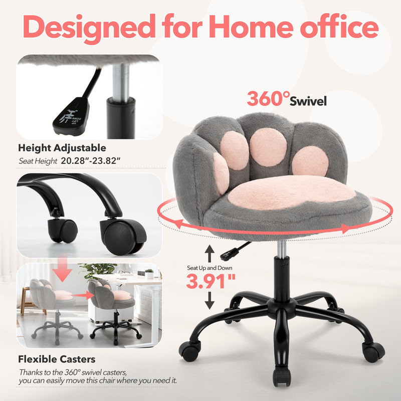 Chaise de bureau compacte en molleton avec pivot à 360 °, dossier en patte de chat et réglage de la hauteur, Gris, Noir