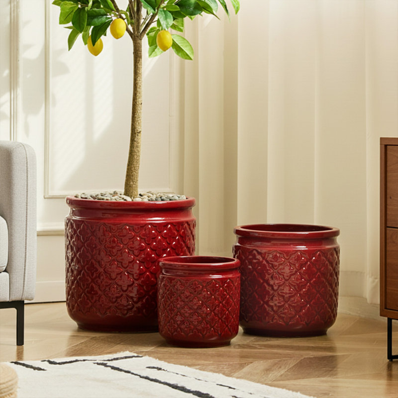 Round Indoor/Outdoor Ceramic Pot Planters, Red