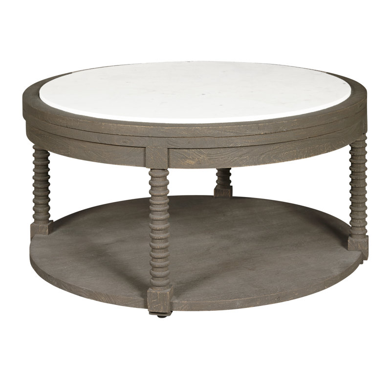 Round Brown Wood Cocktail Table with Marble Top
