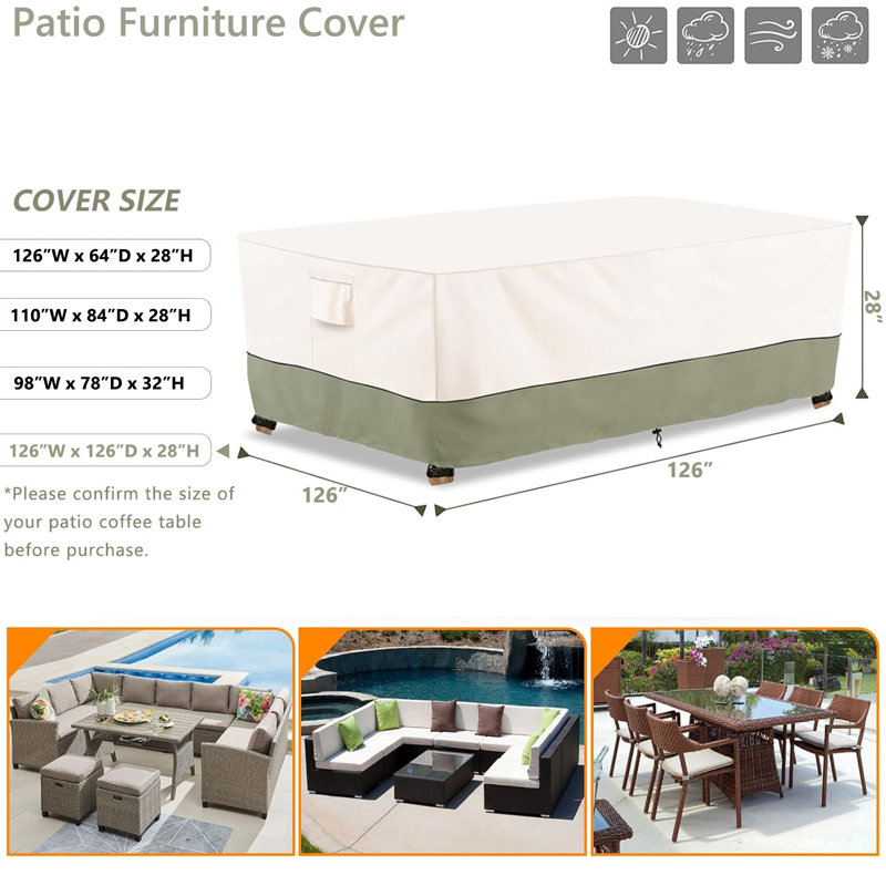 Heavy Duty Patio Furniture Cover For Outdoor Sectional Set, 126“ x 126" x 28"