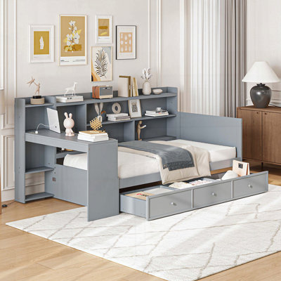 Twin Pine Wood Daybed with Desk, 3 Drawers, and USB Ports