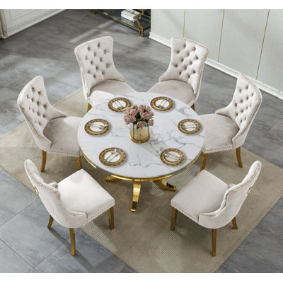 44.88" Round Dining Table Set for , Kitchen Table with Faux Marble Top, Dining Room Table & Velvet Chairs with Stainless Steel Pedestal, Piece Dining Table Set