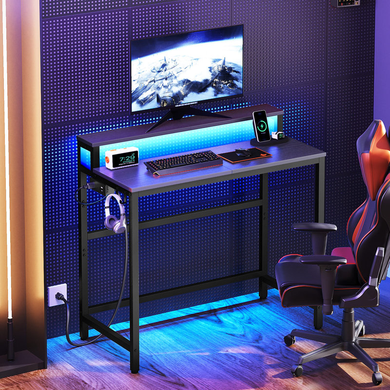 Gaming Desk, Small Computer Desk With Charging Station and LED Lights