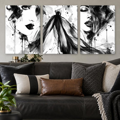 3 Pieces Exculisive Black and White Fashion Women Ink Large Wall Art Modern Editorial Panoramic, Canvas Decor for Living Room, Bedroom and Office