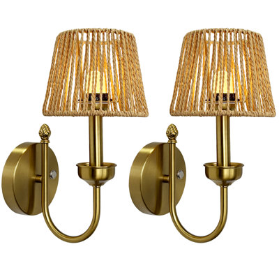 Set of 2 Rechargeable Wireless Dimmable Wall Sconces With Rope Weave Shade & Remote (Set Of 2)