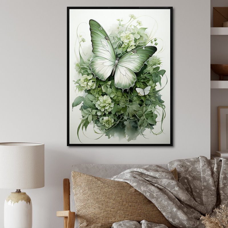 «Green Butterfly Whirling Beauty», art sur toile papillon, Cadre flottant noir, H 20 po x l 12 po x P 1 po