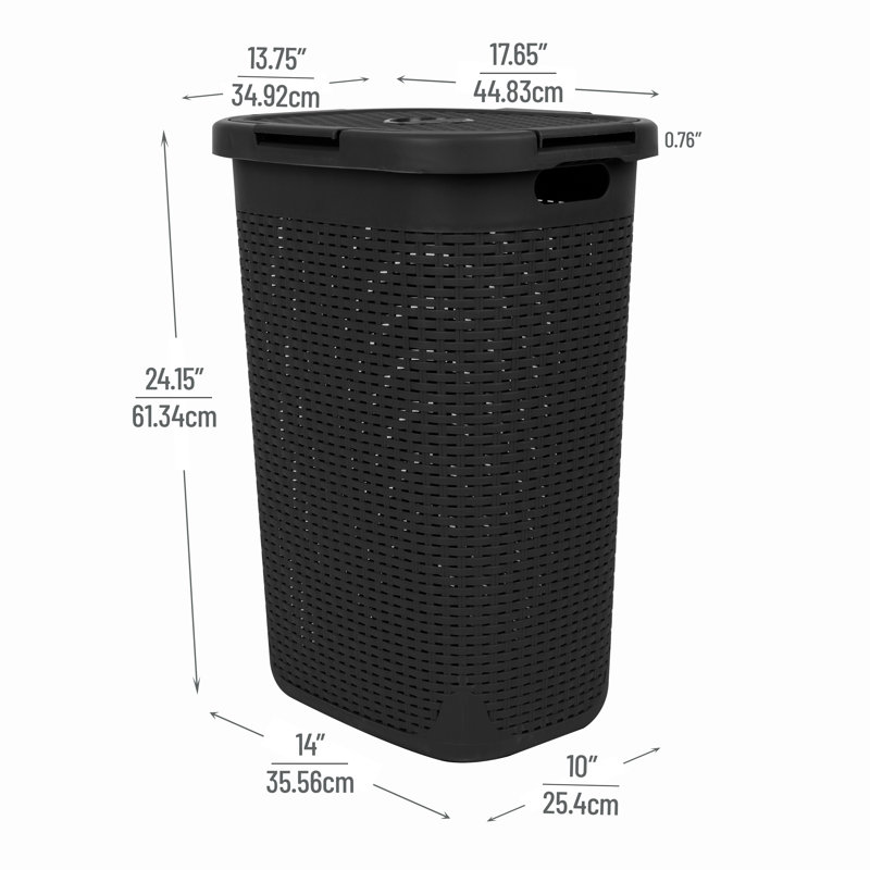  60L Slim Laundry Hamper, Clothes Basket, Lid, Wicker Style, Plastic, Black