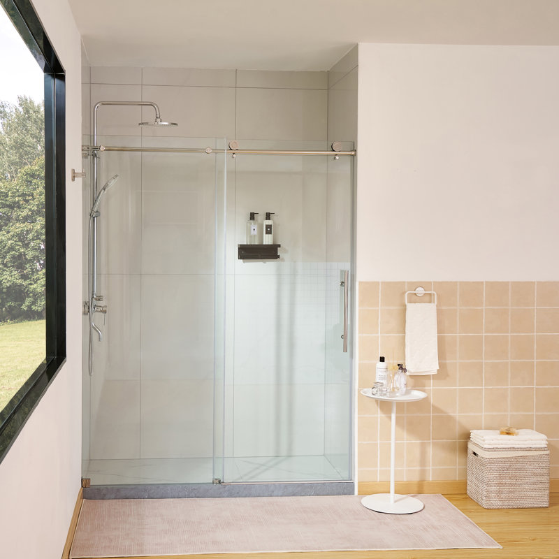 56–60" W x 76" H Frameless Bypass Single Sliding Shower Door with Explosion-Proof Clear Glass, Titanium Gold