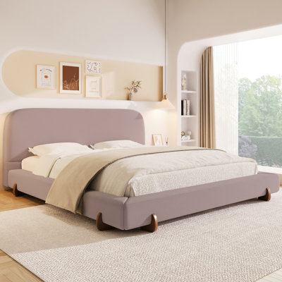 Structure de lit très grand rose avec pieds en bois d'hévéa brun, côtés épais de 4 pouces, conception stable et élégante pour lit double face, apparence