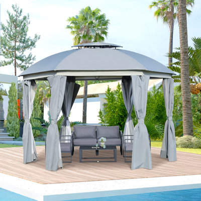 12' X 12' Round Outdoor Gazebo, Patio Dome Gazebo Canopy Shelter With Double Roof, Netting Sidewalls And Curtains, Zippered Doors, Strong Steel Frame,