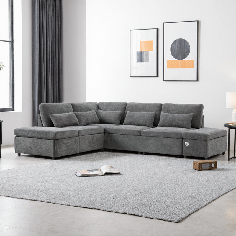 107" Chenille L-Shaped Sleeper Sofa Bed with USB Charging, Storage Ottoman & Adjustable Armrests, Gray