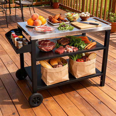 3-Tier Outdoor Grill Cart with Wheels - Stainless Steel Prep Table with Spice Rack & Bottle Opener, Rolling Utility Table for BBQ, Pizza Oven & Kitchen Storage