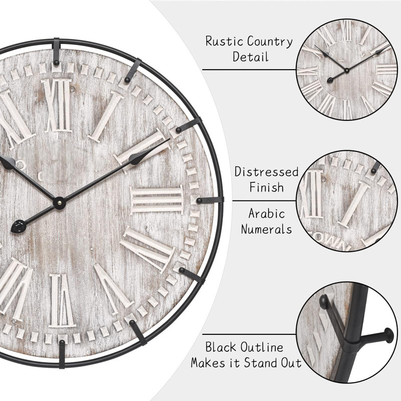 24 Inch Large Farmhouse Wall Clock, Rustic Antique Wood With Metal Circle And Large Engraved Numerals, Silent Battery Operated Wall Clock