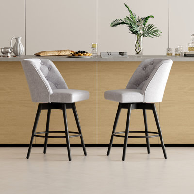 Ensemble de 2 tabourets de bar pivotants confortables avec hauteur de comptoir de 26 po avec dossier - lin rembourré, repose-pieds en fer, assemblage facile - idéal pour un îlot de cuisine, un bar personnel, une salle à manger - gris clair