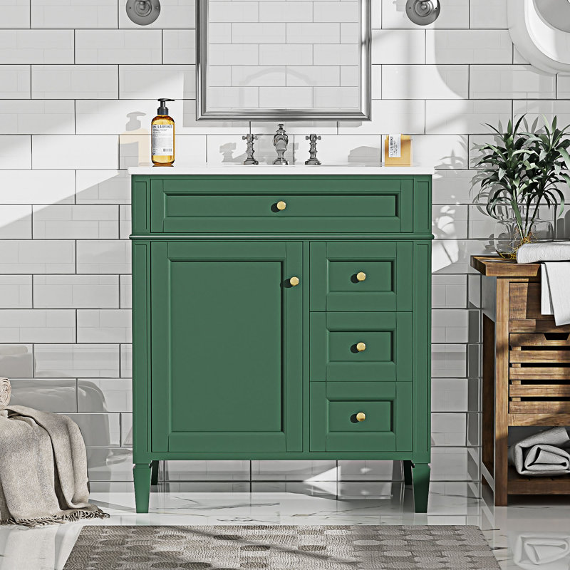 Meuble-lavabo de salle de bain avec lavabo supérieur et rangement, Vert, Doré